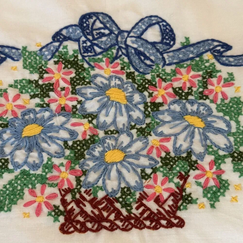 Vintage Pillowcase Pair Embroidered Pastel Flowers Grandma Cottage Core